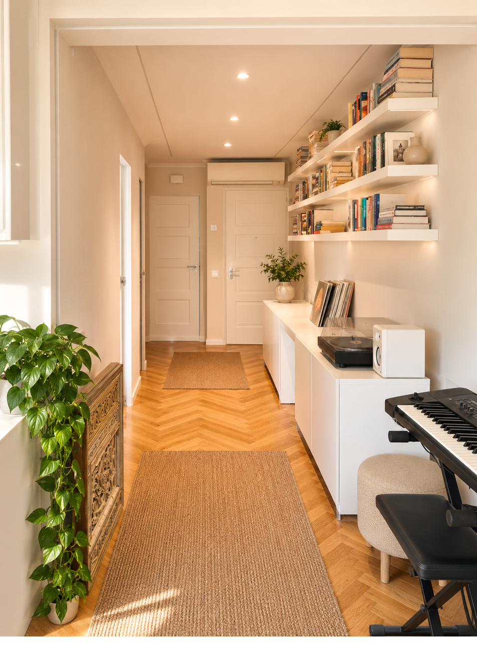 Entrada de l'apartament amb piano i prestatgeries