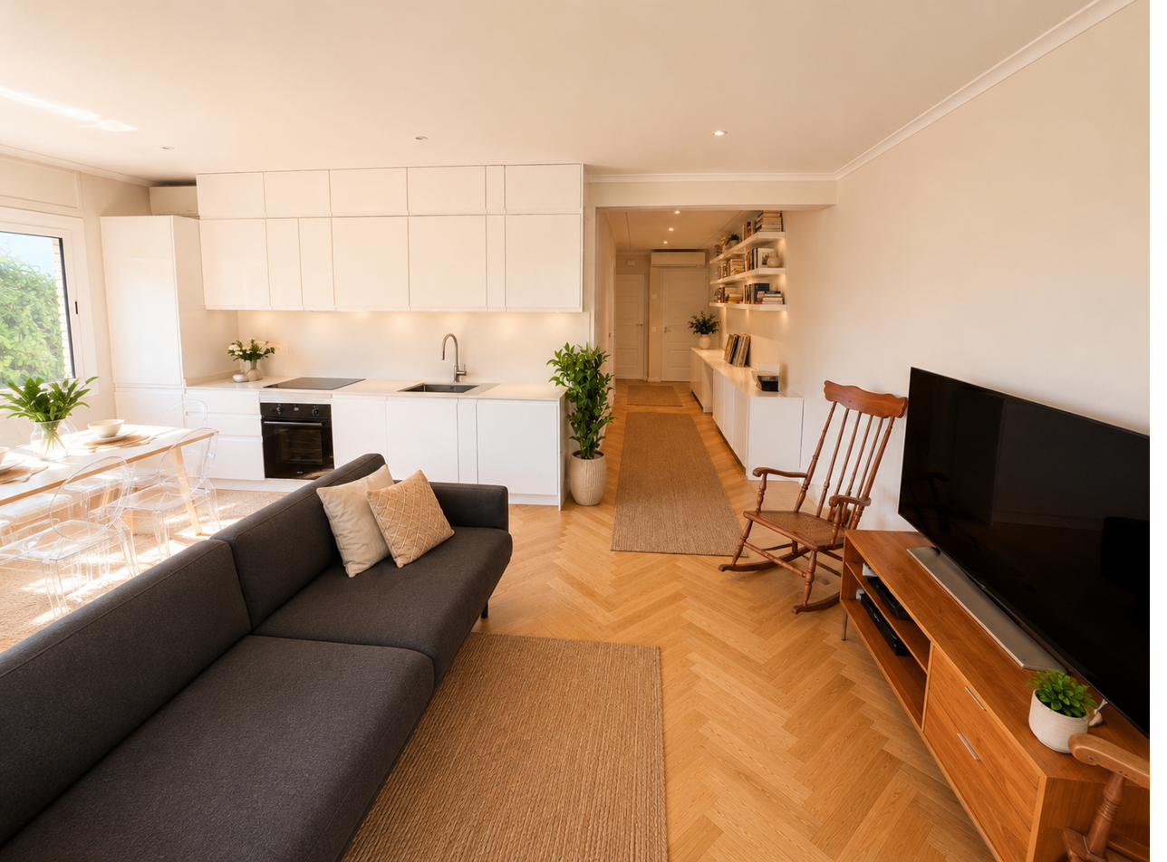 Sala d'estar amb sofà, moble de fusta i parquet espina de peix